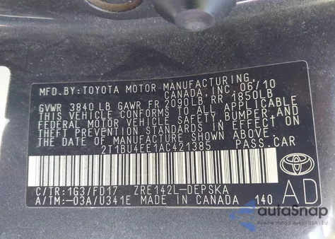 2010 Toyota Corolla S from USA, damaged, VIN 2T1BU4EE1AC421385